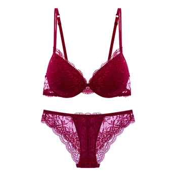 

Vgplay Sexy Women Bra Set Embroidery Floral Lace Lingerie And Hollow Mesh Panty Plunge Underwire Bralette