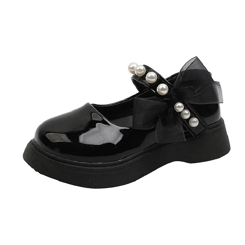 Children's Leather Shoes Rubber Kid's Soft Leather shoes girl's Flat with School Shoes Beading Bow shoe black leather shoes,girls shoes,girls flats
