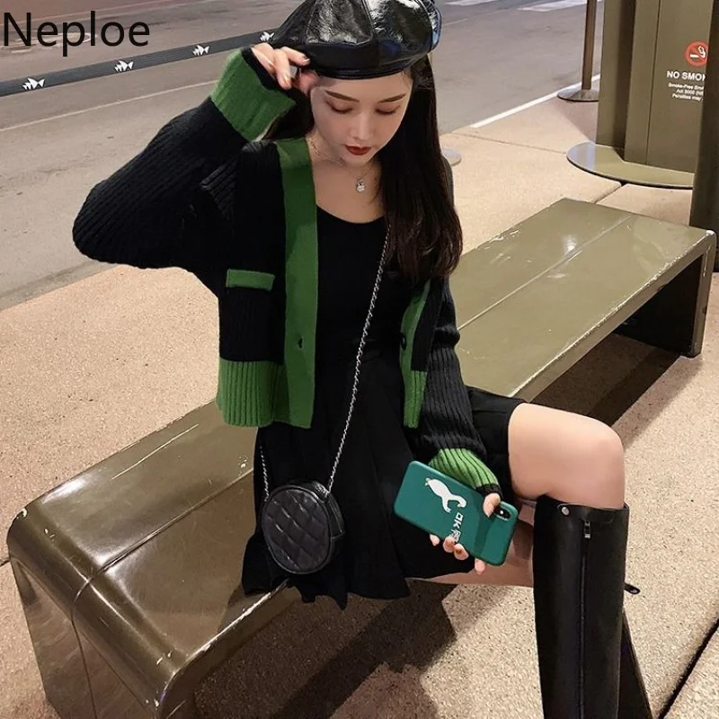 

Neploe Sweater Jacket Female Short Retro Contrast Color Loose Knit Cardigan 2019 Fashion Long Sleeve V-neck Pull Jumpers 54895