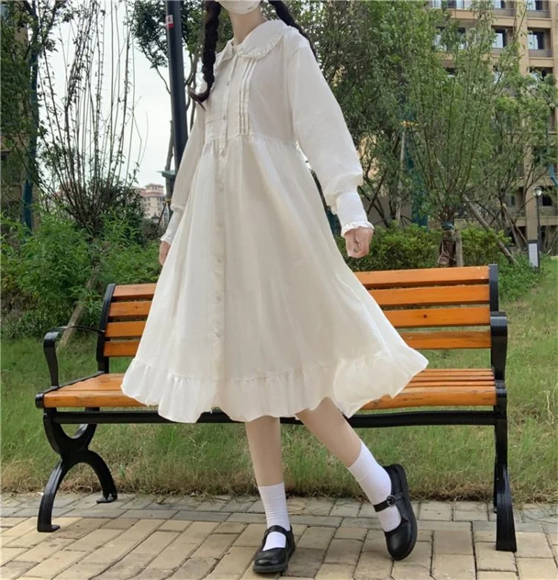 Japanese Fashion Sweet Kawaii Elegant White Dress 2020 Autumn Peter Pan Collar Long Sleeve A-Line Loose Dresses Woman Clothing