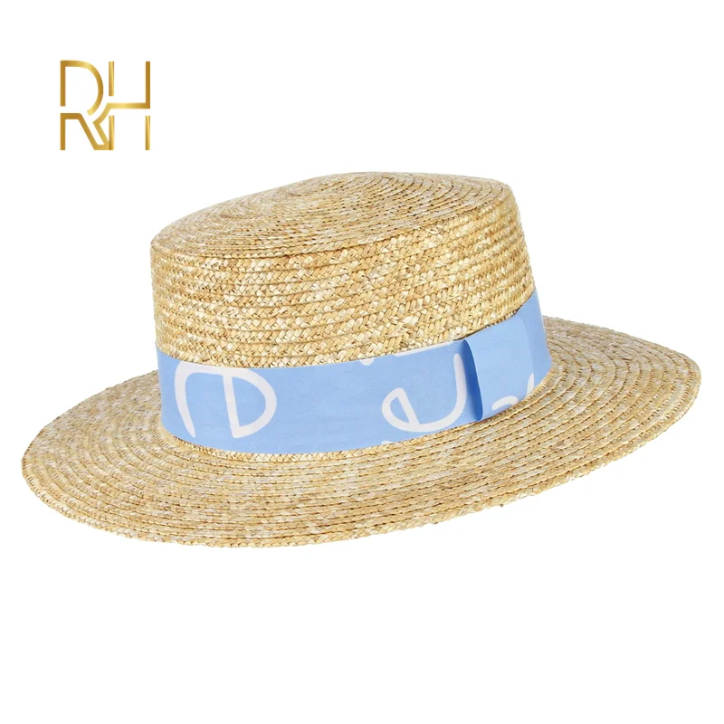 sky blue ribbon RH летняя пшеничная соломенная шляпа с плоским верхом, натуральный цвет, женская шляпа с козырьком от солнца, фетровая шляпа для горячей продажи - Цвет: sky blue ribbon