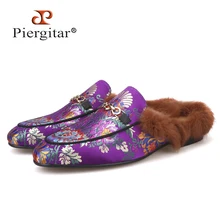 Piergitar/Новинка года; стильные фиолетовые шелковые мужские шлепанцы ручной работы с кроличьим мехом сзади; модные мужские шлепанцы для вечеринки и свадьбы; большие размеры