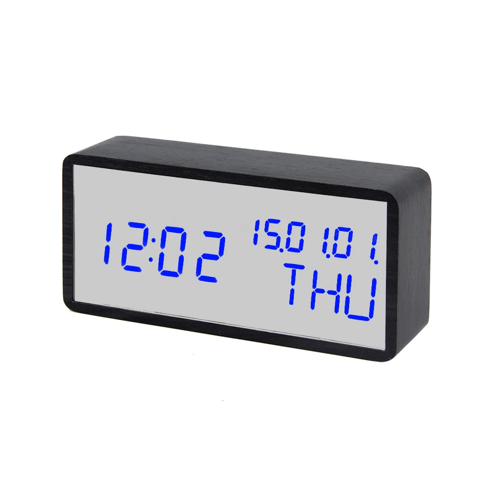 Светодиодный настольный часы с календарем, цифровой Деревянный Зеркальный будильник, большой таймер, голосовое управление, повтор, Despertador, настольные часы, USB/AAA - Цвет: 1-4