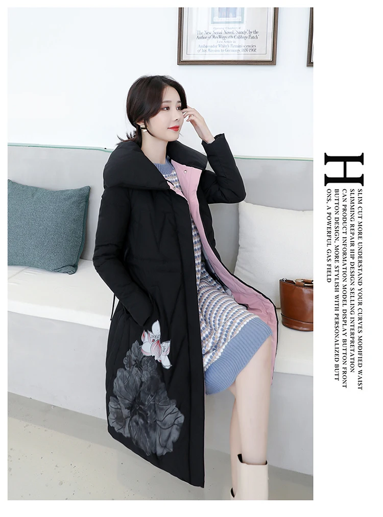 Зимняя куртка женская Manteau Femme Hiver, большие размеры, длинное пальто Dames Jassen, зимняя китайская Стильная парка с чернилами лотоса