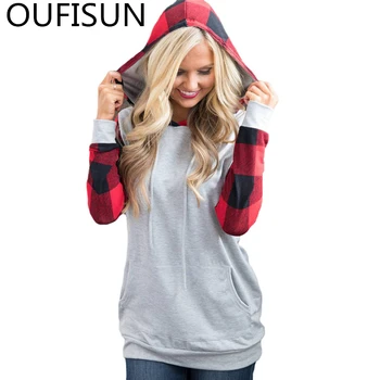 

Oufisun 2020 Autumn Winter Plaid Patchwork Hooded Pullovers Fashion Pockets Sweatshirts Casual Full Sleeve Lcae Up Women Hoodies