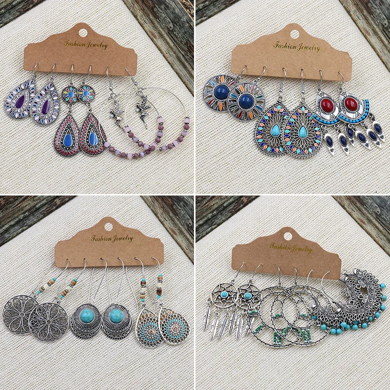 

Vintage Decorative Pattern Drop shape Multicolor Earrings Set for Woman Geometry Boho Big Round Drop of oil Tassel Drop earrings