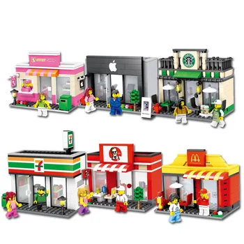 

City Mini street Retail Store Miniature Building Block Cafe McDonald Model dickens ville shop compatible lepinblock tiendas toy