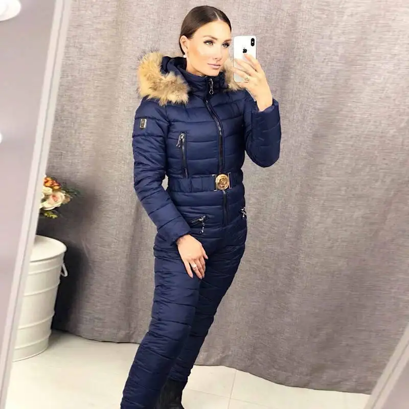 Зимний женский модный цельный лыжный комбинезон, толстый теплый лыжный костюм для сноуборда, уличные спортивные лыжные штаны, комплекты на молнии, лыжный костюм - Цвет: DN10330BU