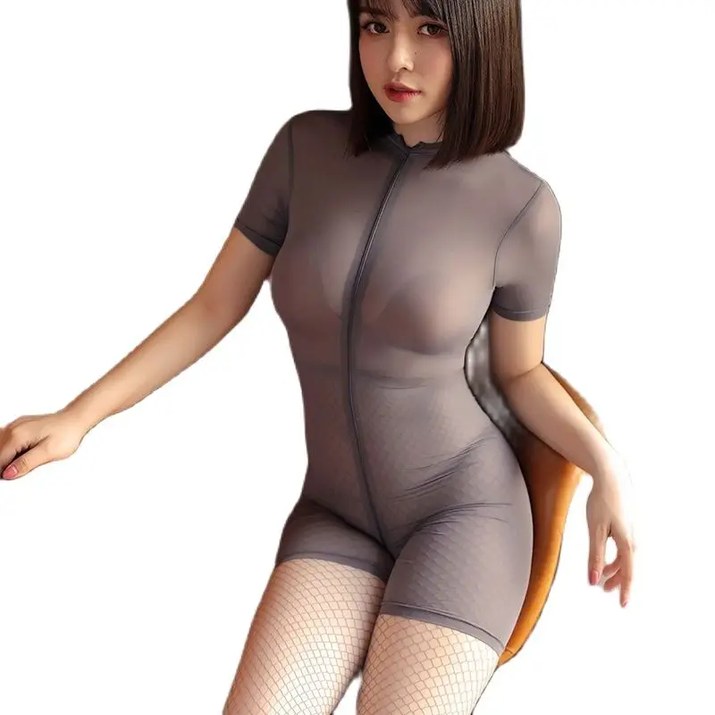 

Short Sleeve Zipper Open Crotch Bodysuit Transparent See Through Playsuits Unitard Tights Bodystocking Sexy Hot Erotic Lingerie