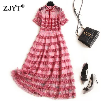 

Fashion Runway Dress Women 2020 New Summer Style High Quality Short Sleeve Print Ruffles Layered Mesh Lace Dress Sexy Party