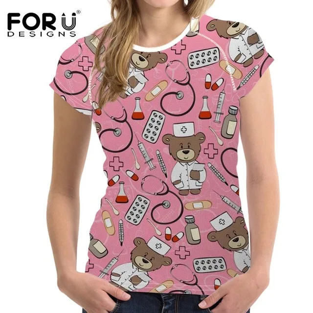 

FORUDESIGNS Female Medical Nurse Pattern Cartoon Cute T-shirts O Neck Short Sleeve T-Shirts Tops Women Clothing Camiseta Mujer
