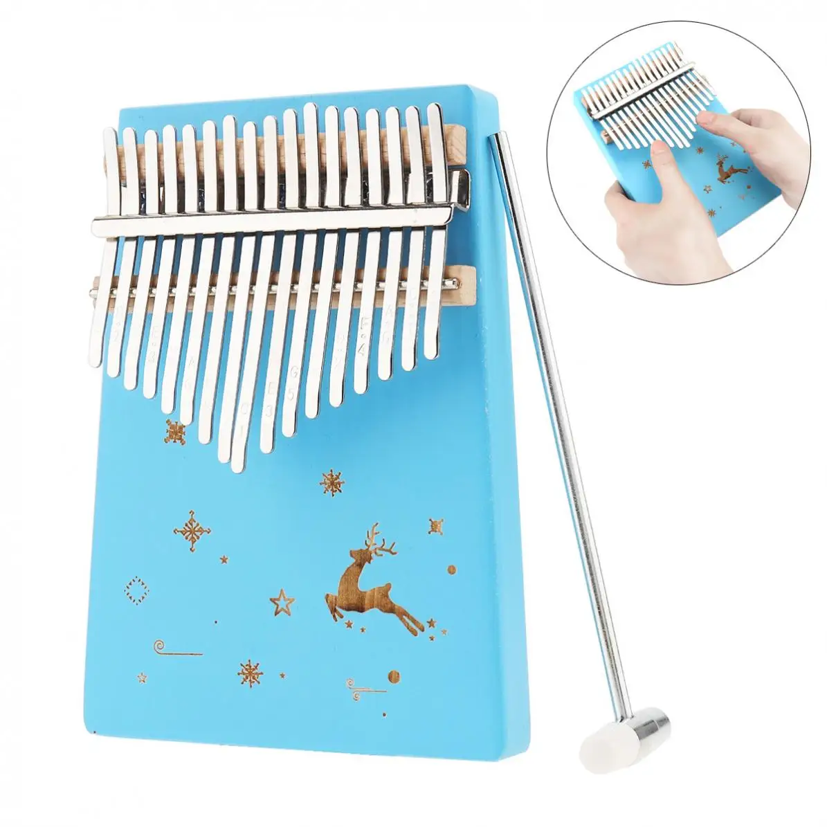 

Thumb Piano 17 Keys Kalimba Blue Reindeer Snow Pattern Solid Single Board Pine Mbira Mini Keyboard Instrument