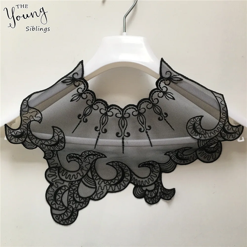 Вышивка Высококачественная Черная органза кружевной воротник аппликация шитье