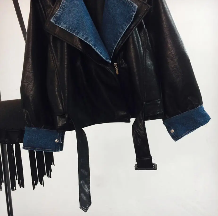 2019 Женская куртка из искусственной кожи, модное лоскутное кожаное пальто, короткая мотоциклетная куртка-бомбер из искусственной кожи