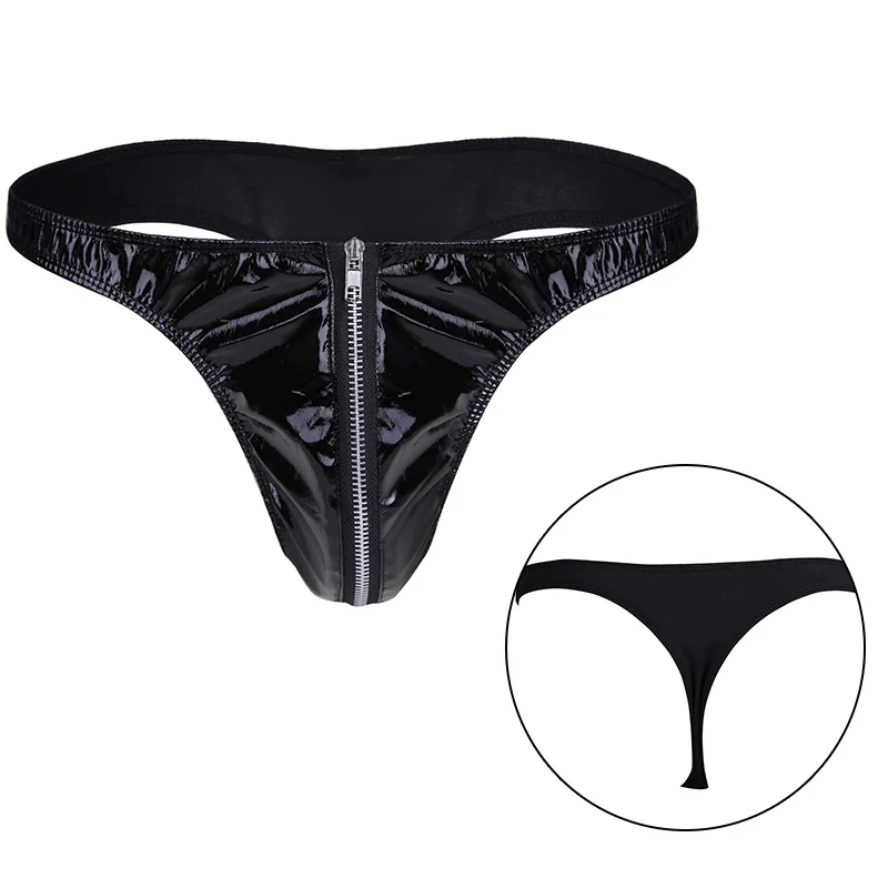 Sexy Men Latex Zipper Underpants Leather Bikini Briefs G-Strings Thongs Sissy Panties male underwear