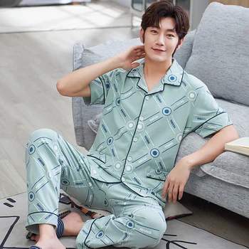 

New Arrival Summer Knitted Cotton Men Pajamas Short Sleeve Turn-down Collar Sleepwear Suit Loose Plus Size Male Lounge Homewear