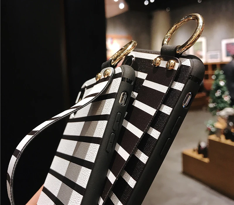 6 SoCouple Wrist Strap Phone Cases For iPhone Xs max For iPhone 7 8 6 6s Plus X XS XR Relief Stripe Pattern Soft TPU Back Cover