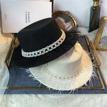

202009-aotang French design ostrich hair pearl ribbon formal dinner wool lady fedoras cap women leisure panama jazz hat