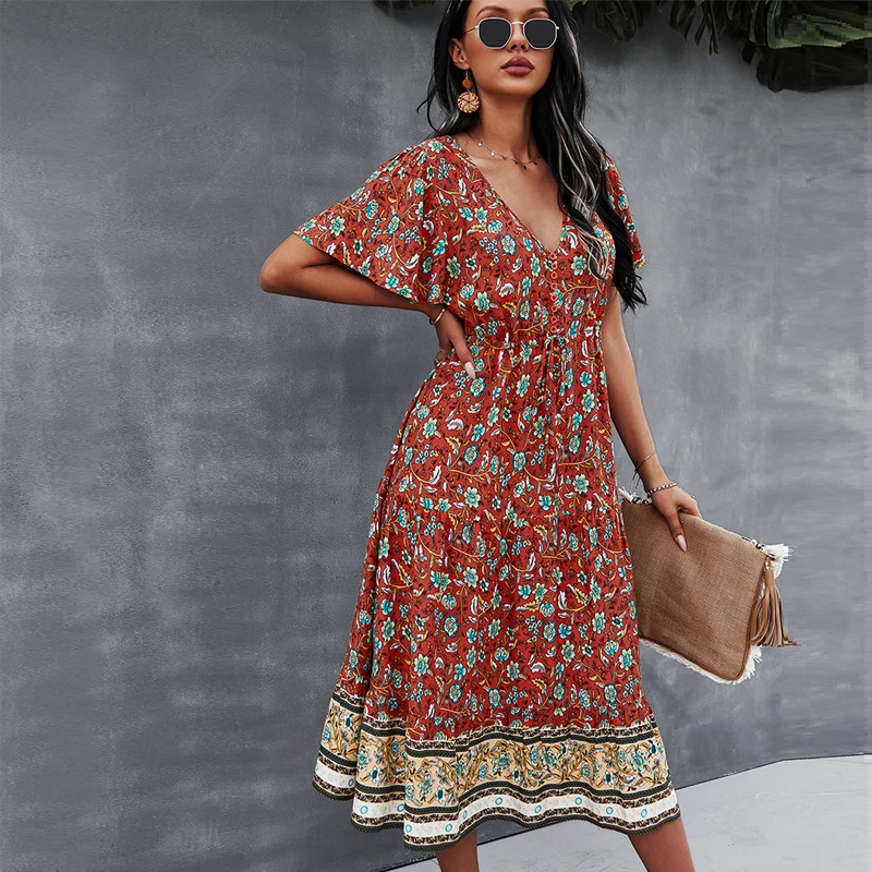 Женское платье миди с цветочным принтом повседневное короткое расклешенным