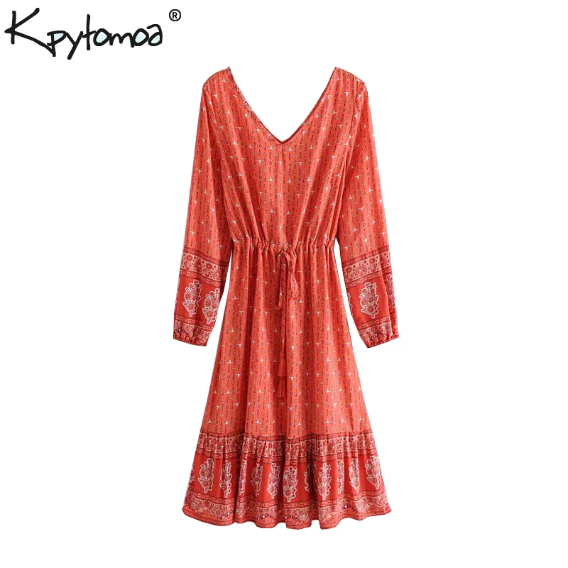 

Boho Chic Summer Vintage Print Pleated Midi Dress Women 2019 Fashion V Neck Long Sleeve Drawstring Tassel Beach Dresses Vestidos