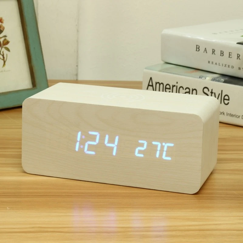 

Wooden LED Digital Alarm Clock Electronic Desk Table Clock Temperature Display Sound Control Night Clock Kids with USB Charging
