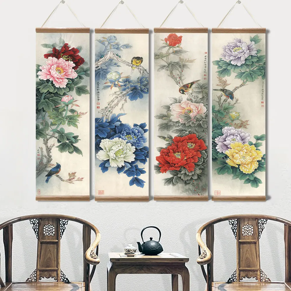 Chinese Style Flower Peony Picture Canvas Decorative for Living Room Wall Art Solid Wood Scroll Paintings Home Decor with Frame