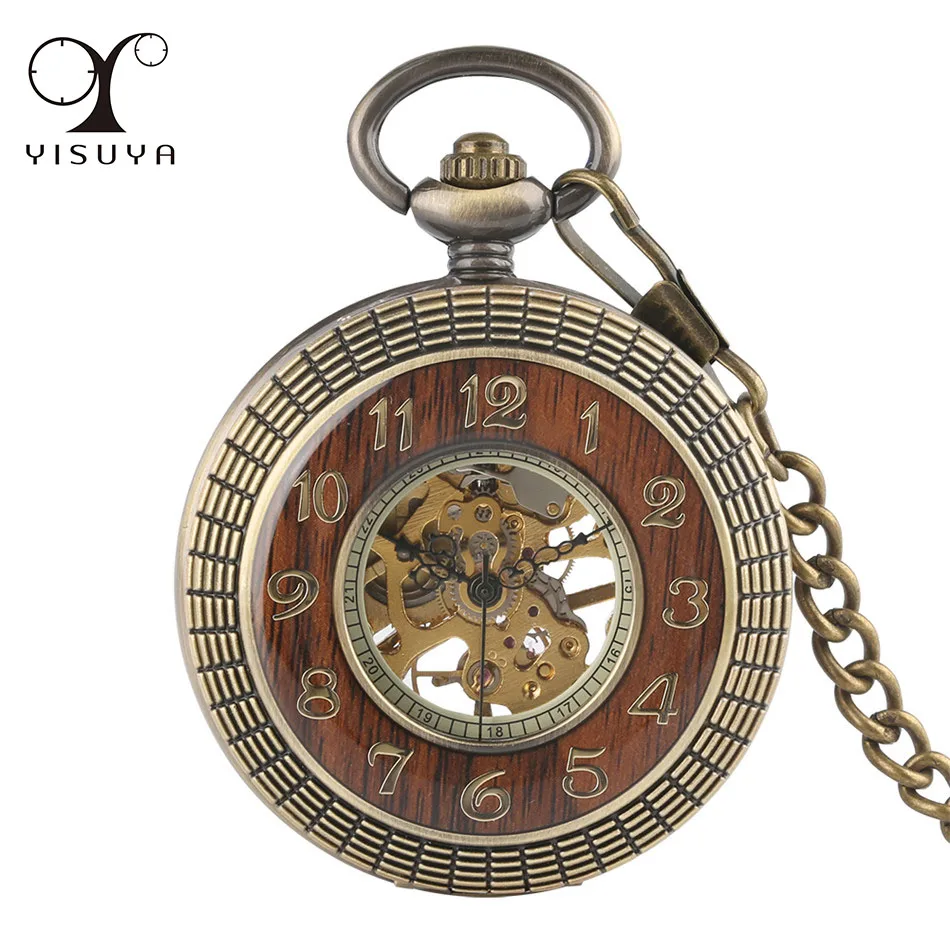

Manual Mechanical Pocket Watch Red Wood Decorate Cover Roman Numerals Dial Transparent Skeleton Pendant Hand Winding Timepiece