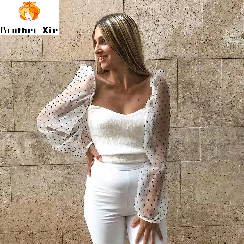 

Mesh Patchwork Chic Blouses Women Transparent Long Sleeve Crop Top Female Fashion Short Blouse Shirt Tunic Chemisier Femme
