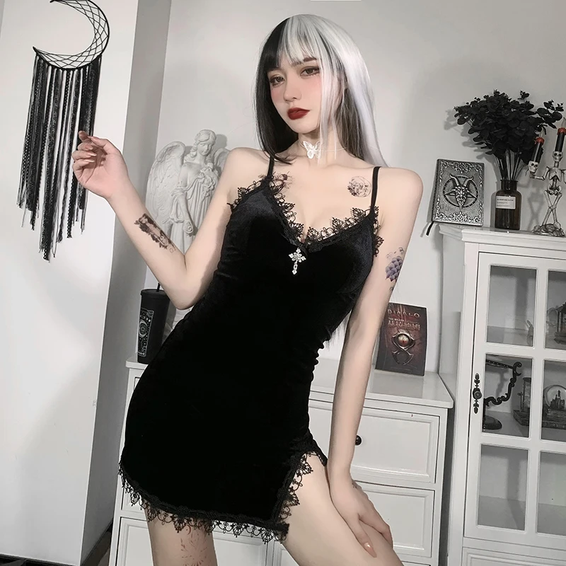Gothic Dark Cross Black Mini Dress Vintage Sexy Spaghetti Strap High Waist Slit Dresses Goth Party Club Women Dress