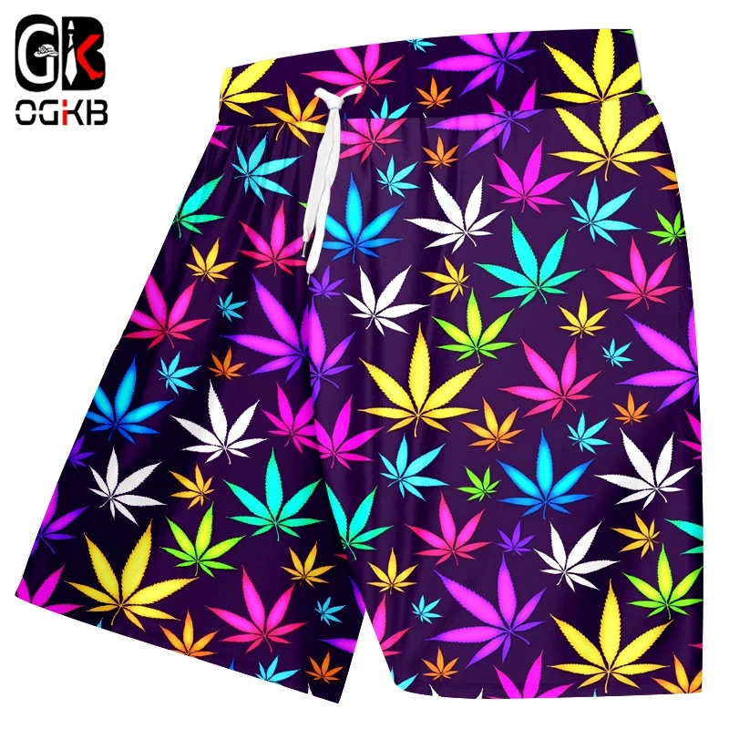 OGKB мужские пляжные шорты, модные быстросохнущие шорты с 3D принтом, цветные листья размера плюс, мужские шорты 5XL