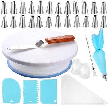 

42 Pcs Cake Decorating Supplies Kits 11 Inch Rotating Cake Turntable Stand,Icing Tips, Cake Smoother Scrapers, Disposable Bags,