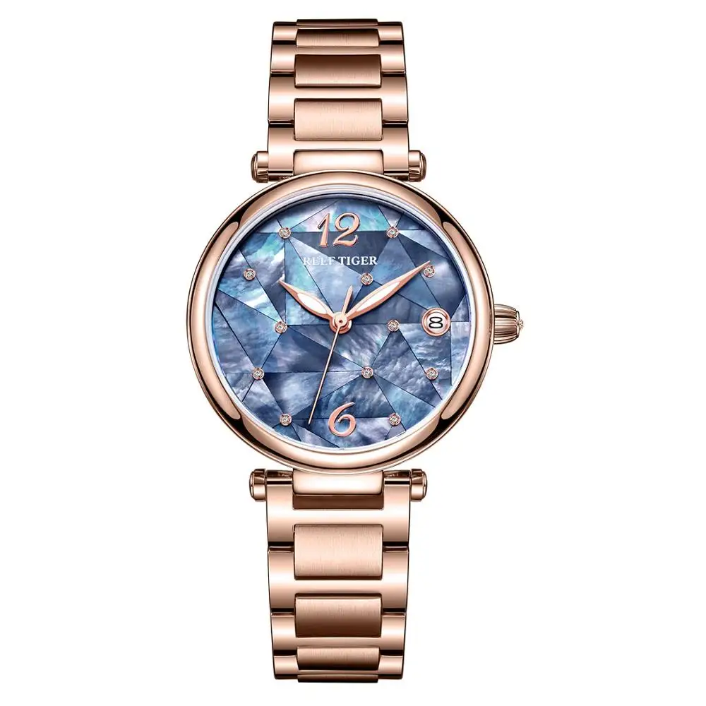 Риф Тигр/RT розовый циферблат розовое золото Роскошные модные бриллиантовые женские часы браслет из нержавеющей стали механические часы RGA1584 - Цвет: RGA1588-PLS