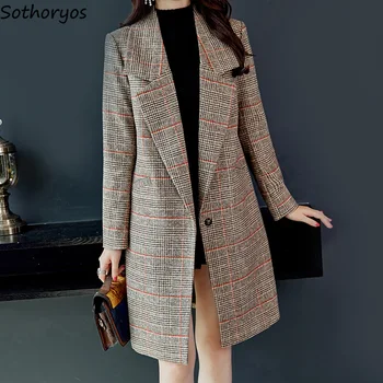 

Blends for Women Slim Plaid Turn-down Collar Single Button Korean Style Coats Womens Simple All-match Retro Elegant Outerwear