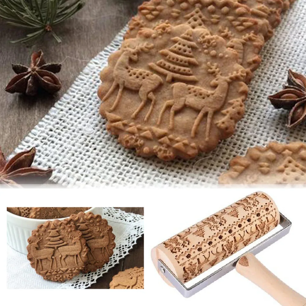 

2019 Christmas Rolling Pin Wooden Embossing Rolling Pins With Pattern Christmas Roller Wooden Needle Hand Cake Decorating Tools