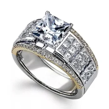 

Huitan Luxury Gold/Silver Color Two Tone Band Female Finger Ring Classic 4 Claws Princess Cut Shine CZ Stone New Women Jewelry