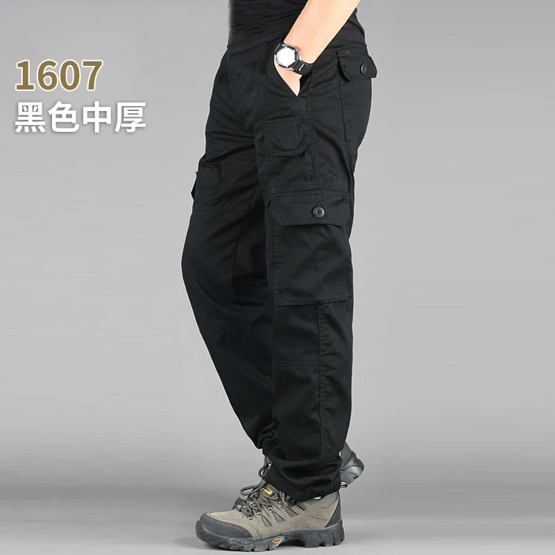 Outdoor Climbing Fishing Camp Multi-pocket Military Cargo Pants Spring Autumn Men Sports Cotton Tactical Army Trousers Overalls - Цвет: 1607 Black