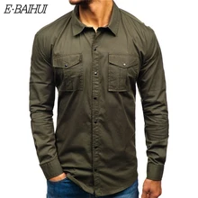 E-BAIHUI Мужская рубашка в стиле милитари Осенняя повседневная мужская рубашка хлопковая Военная карго тонкая на кнопках Однотонная рубашка с длинными рукавами мужские рубашки с карманами