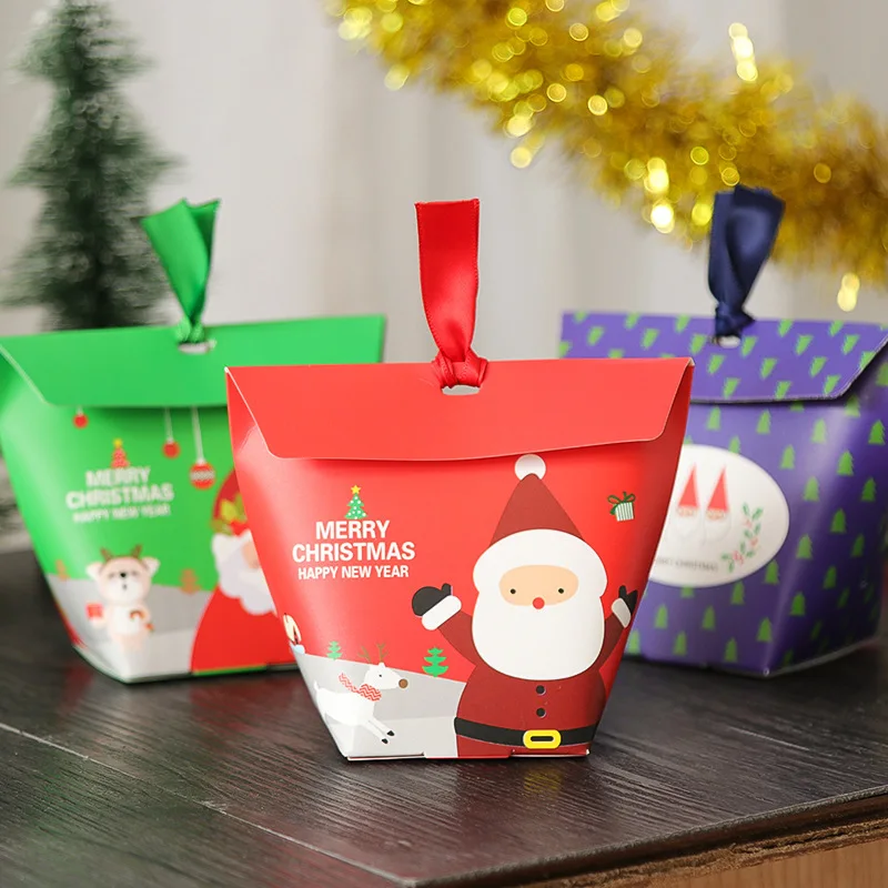 

10pcs Merry Christmas Candy Cookie Boxes Santa Claus Tapered Tote with Ribbons for Gift Giving Present Packaging Party favors