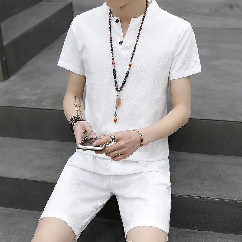 

Summer Wear New Style Men Flax Leisure Suit Retro Solid Color Slim Fit Short Sleeve Whole Set Crew Neck Half Sleeve 2 Pieces