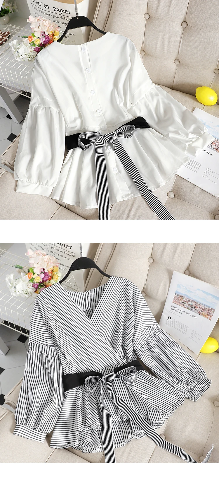 SINGRAIN White Office Lady Blouse Elegant Lantern Sleeves V-Neck Bow Blouse Autumn Sexy Women Striped Tops Blouse