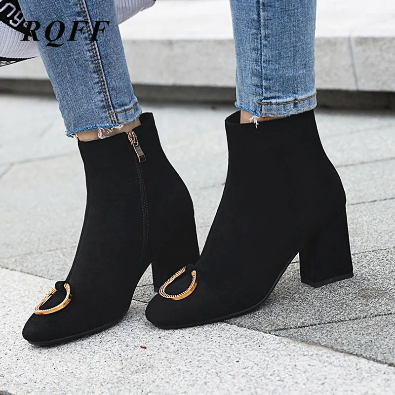 

2019 Autumn Winter Ankle Boots for Women Flock Square Toe Block High Heels Shoes Woman Metal Ring Decoration Boot Big Size 45 46