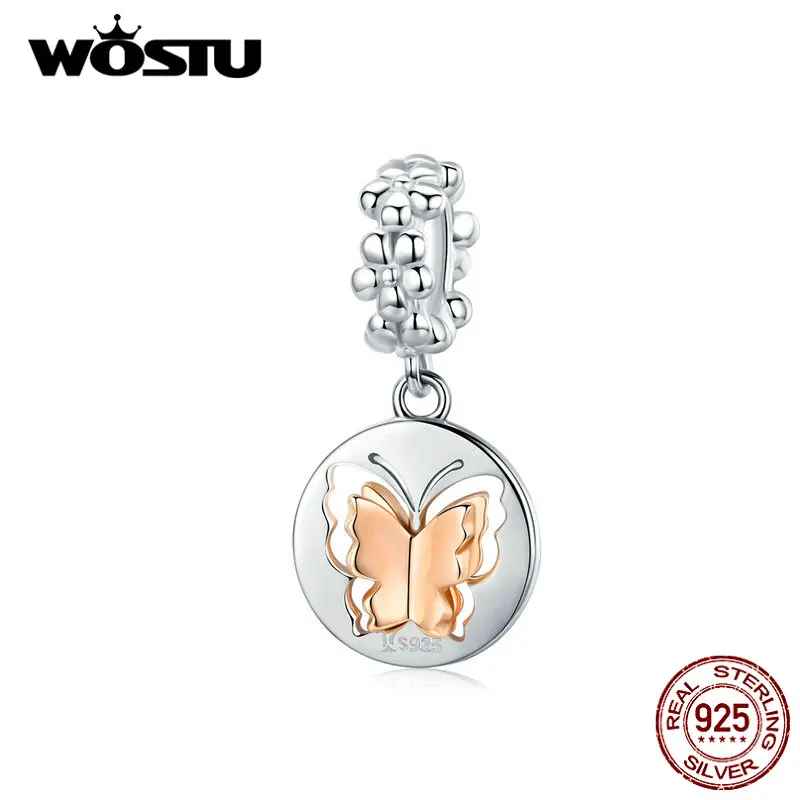 WOSTU розовое золото Бабочка подвеска шарм 100% Стерлинговое Серебро 925 пробы цветок