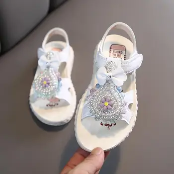 

Girls Sandals Children Shoes Glitter Candy Color White Open-toe Sandals For School Female Kids Flat PU Leather Shoes