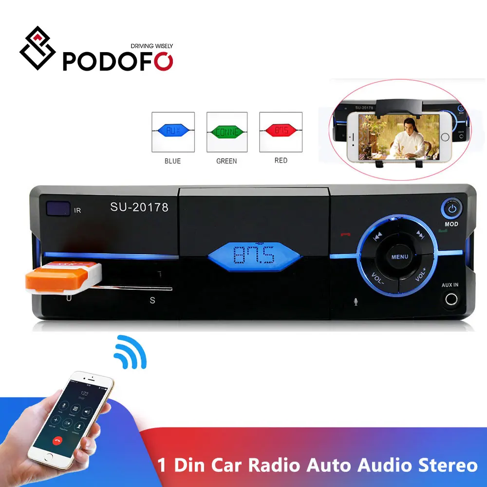 Podofo 1 Din автомагнитола Авто аудио стерео MP3 Bluetooth FM AUX USB In-Dash Автомагнитола с пультом дистанционного управления Зарядка телефона
