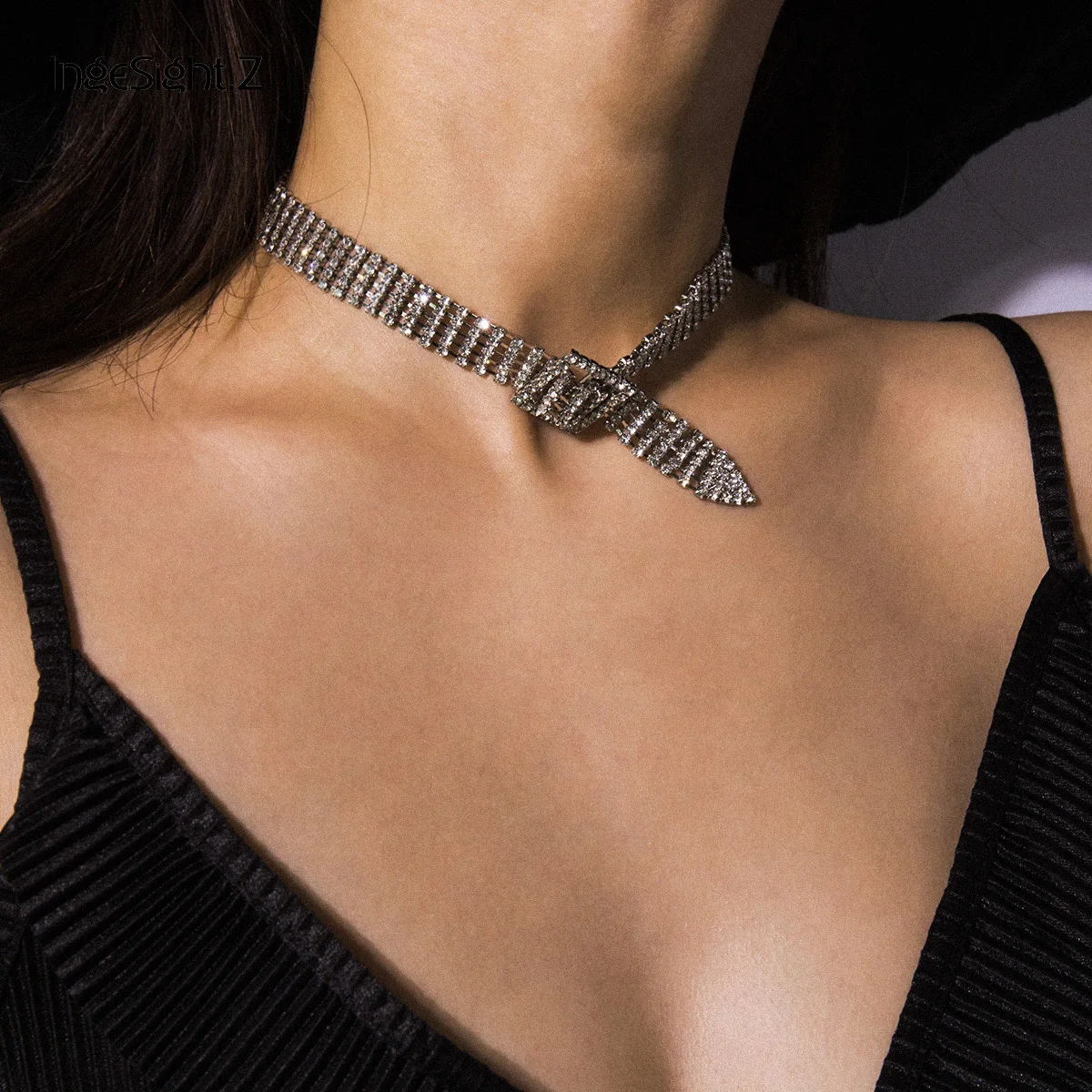 

IngeSight.Z Luxury Shiny Rhinestones Choker Necklaces Collar for Women Statement Adjustable Crystal Short Clavicle Chain Jewelry