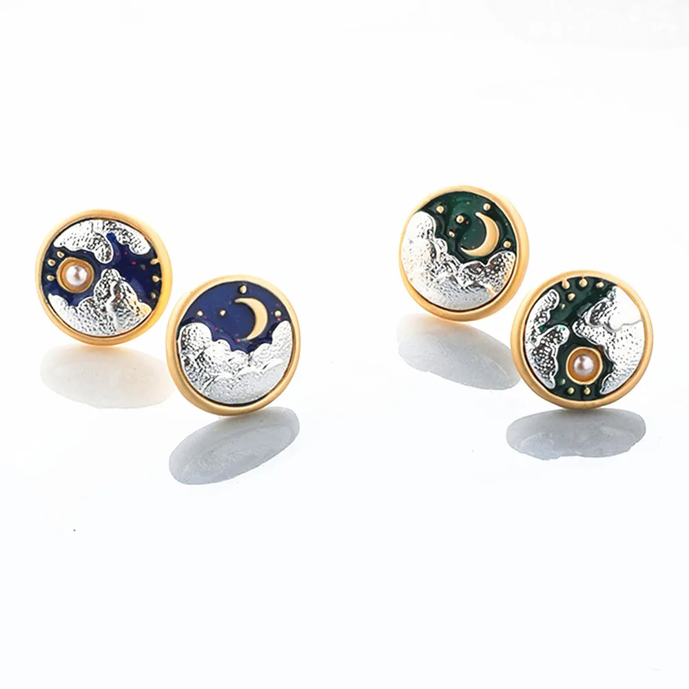 Серьги-гвоздики в виде голубой луны 2019 модные женские сережки круглые стильные