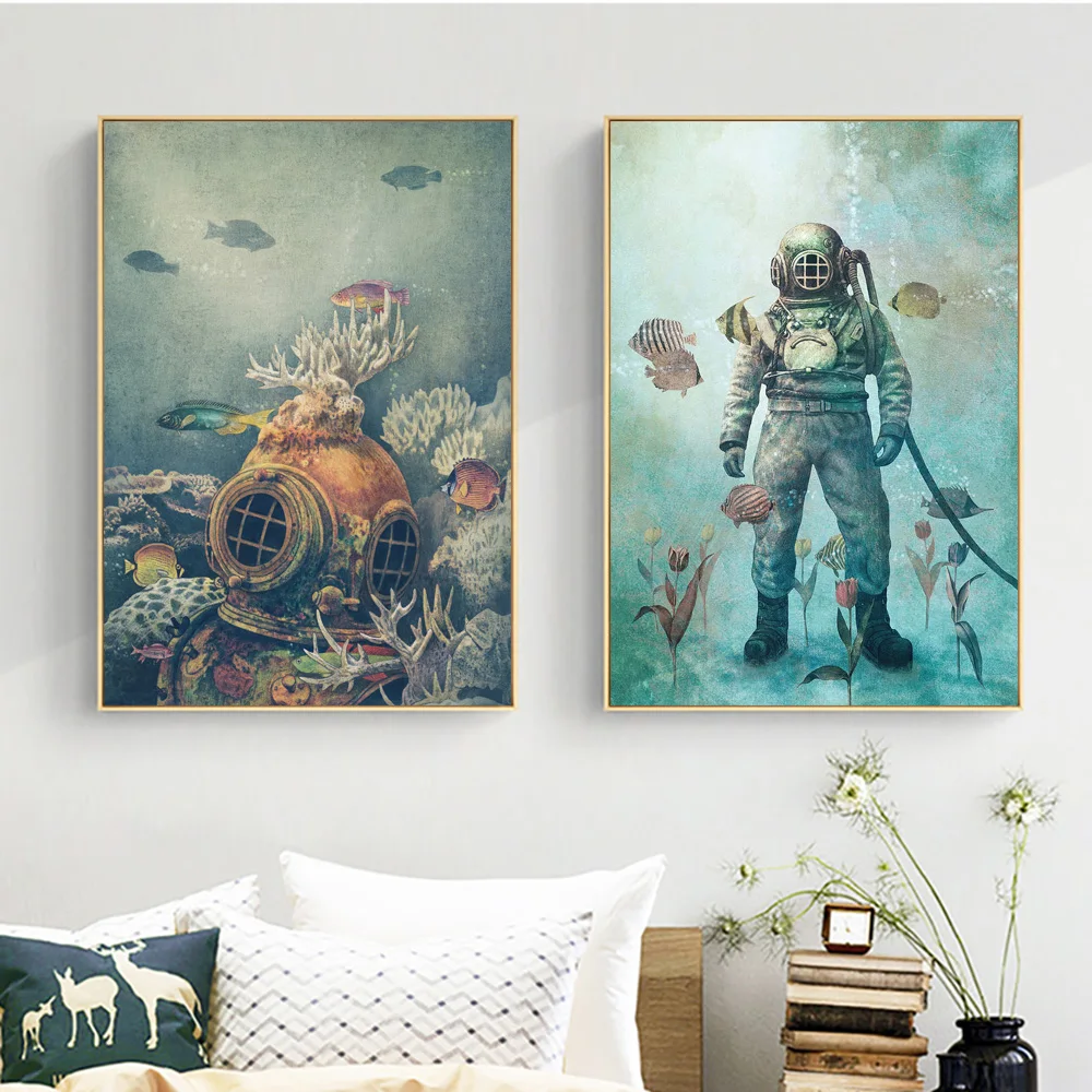 

Vintage Home Decor Underwater World Diver Canvas Painting Posters And Prints Whales Coral Picture On Wall Art Fabric Decoration