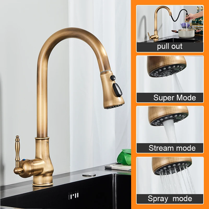 kitchen faucet with sprayer MYQualife Antique Brass Kitchen Sink Faucet Pull Down Swivel Spout Kitchen Deck Mounted Bathroom Hot and Cold Water Mixers kitchen sink faucets Kitchen Fixtures