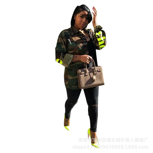 Women's Green Camouflage Long Jackets Plus Size Long Sleeve Camo Streetwear Coat femme camouflage