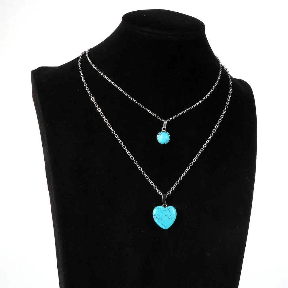 

Fashion BOHO Double Layer Natural Stone Pendant Necklace Women Love Heart Round Statement Choker Necklaces Ladies Jewelry Gift